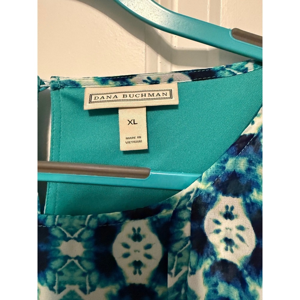 Dana Buchman Women's XL Teal Blue Geometric Print Sleeveless Ruffle Dress Lined - Picture 2 of 14